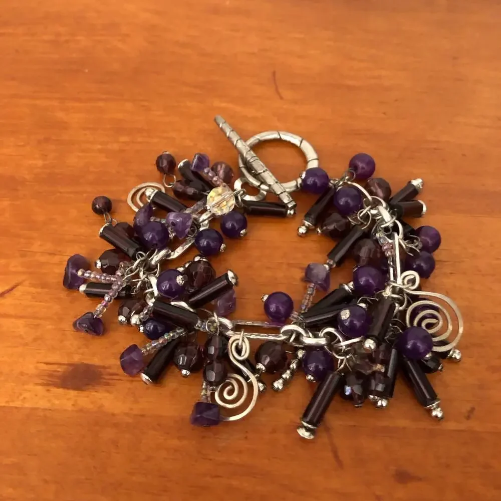 Purple Glass Bead Charm Bracelet Silver Tone Dangle Statement Jewelry - Picture 6 of 8